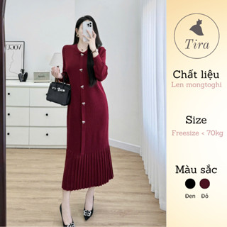  Váy bầu công sở TIRA MAMA M493 Váy len bầu dáng dài Váy suông cổ sen khuy nơ chân xếp li 
