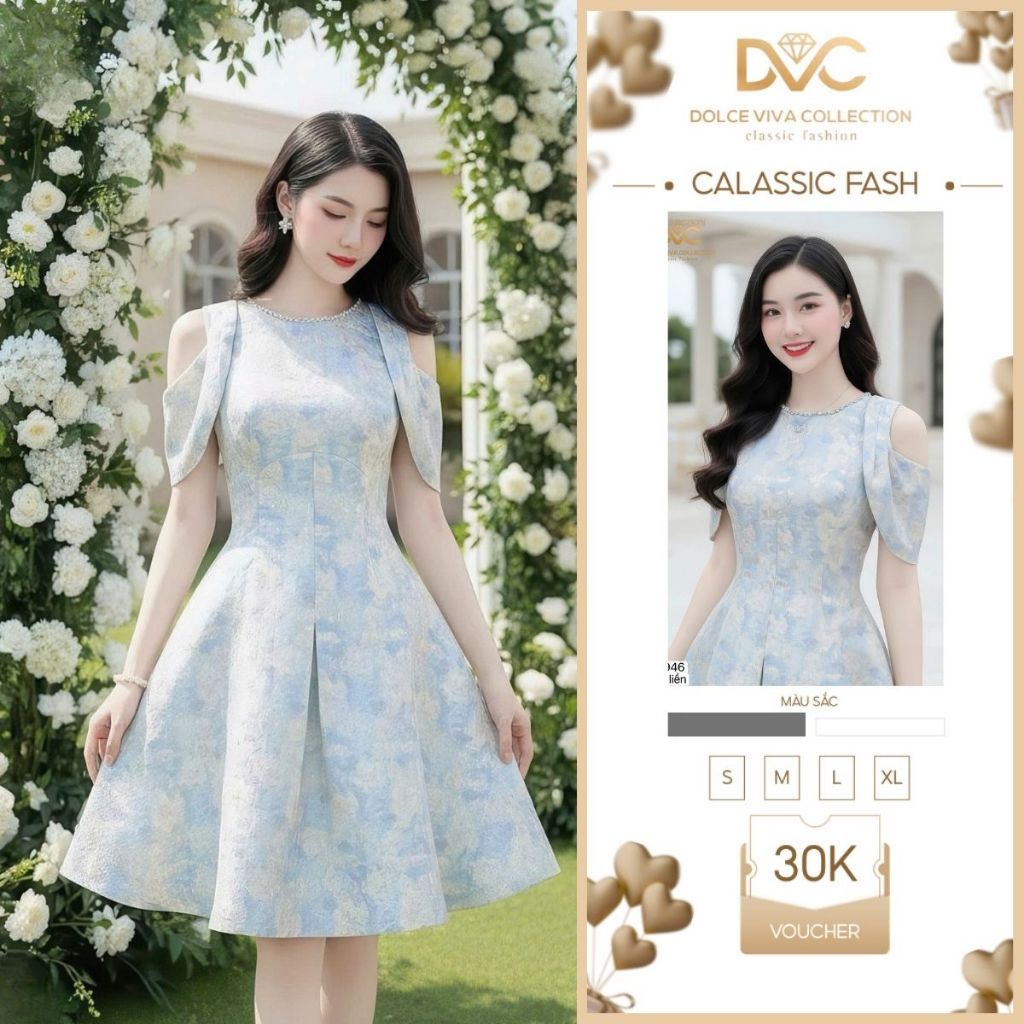 Váy Xòe Hoa Ánh Bạc Xanh Pastel | Đầm Dự Tiệc Sang Trọng Éclat Lumière V5946