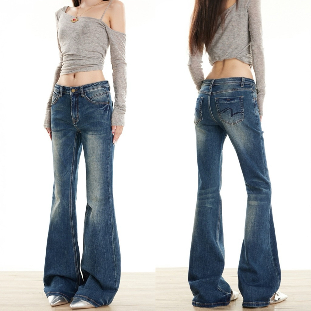 (Dài 102-105cm)Quần Loe Cạp Trễ Túi Thêu Chất Jeans Co Giãn