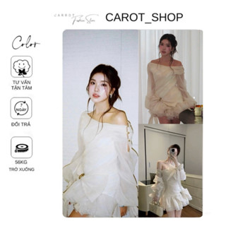  VHT28   BIGSIZE  Váy lệch vai NƠ ĐÍNH VÁY - Đầm trễ vai tơ tiểu thư đính nơ eo FORM XOẮN CƯỚC BÈO by CarrotShop 