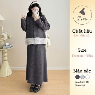  Set váy len dáng dài TIRA MAMA M516 Váy len bầu 2 chi tiết Áo len dài tay viền bèo phối chân váy 