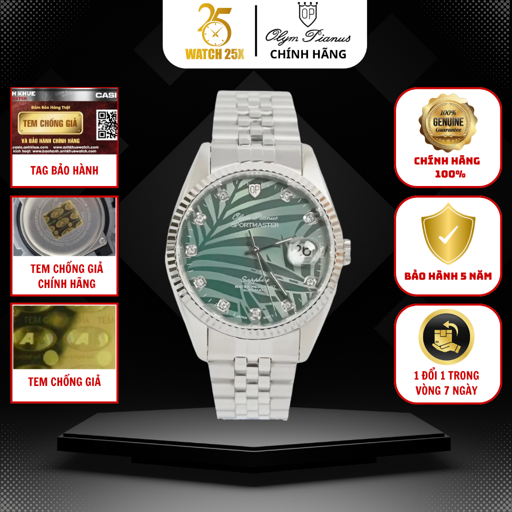 Đồng Hồ Nam Pin OP89322AGS-XL-C Watch25x Olym Pianus Cổ Điển 36mm và 40mm Viền Khía Lịch Ngày