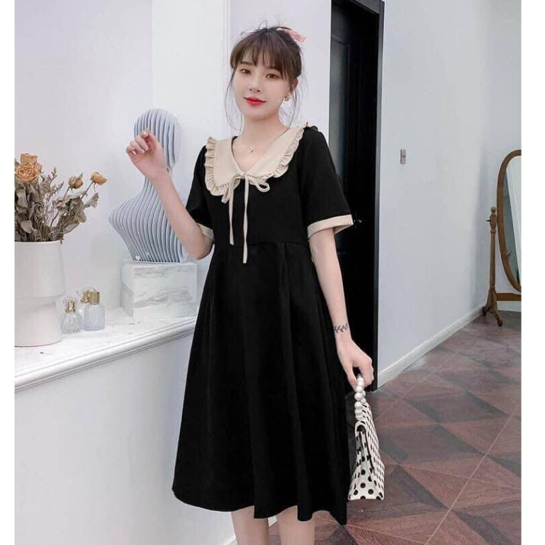 Váy bầu công sở MYLA thiết kế dáng babydoll cổ tim phối be