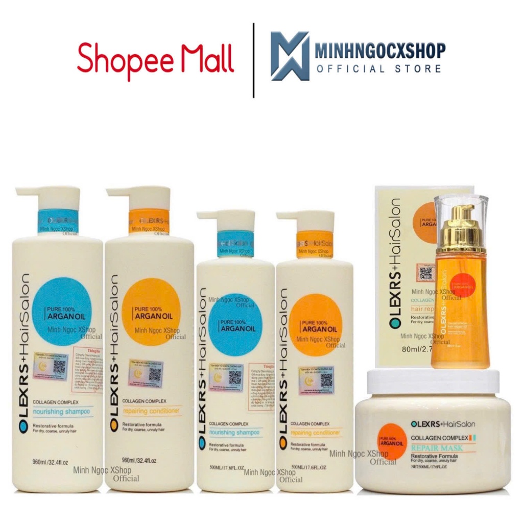 Combo dầu gội xả, kem ủ tóc, dầu dưỡng phục hồi chống rụng OLEXRS + HairSalon Collagen Complex