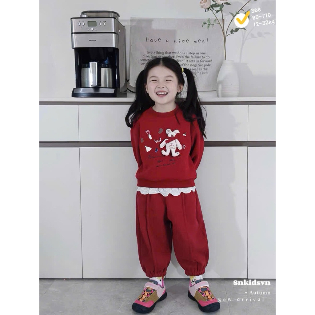 [TN STORE] Thương Hiệu Red Kids Set - Áo Sweatshirt Đỏ In Hình Gấu Dễ Thương & Quần Jogger Co Giãn C
