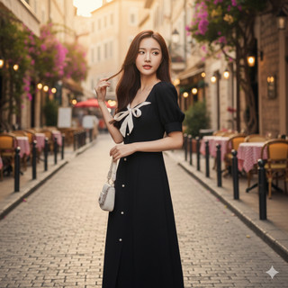 Đầm xòe đen tiểu thư phối nơ cổ