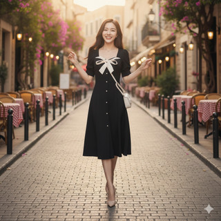 Đầm xòe đen tiểu thư phối nơ cổ