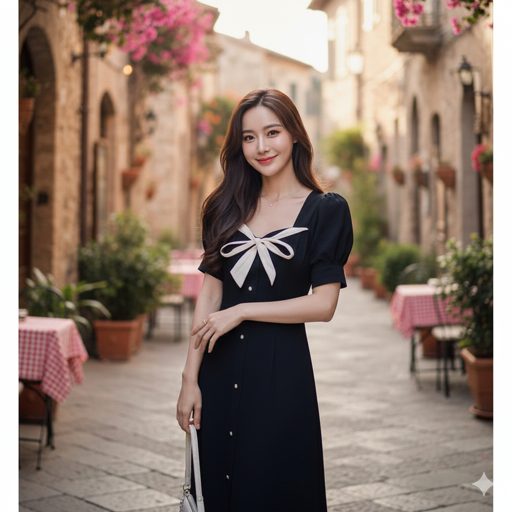 Đầm xòe đen tiểu thư phối nơ cổ