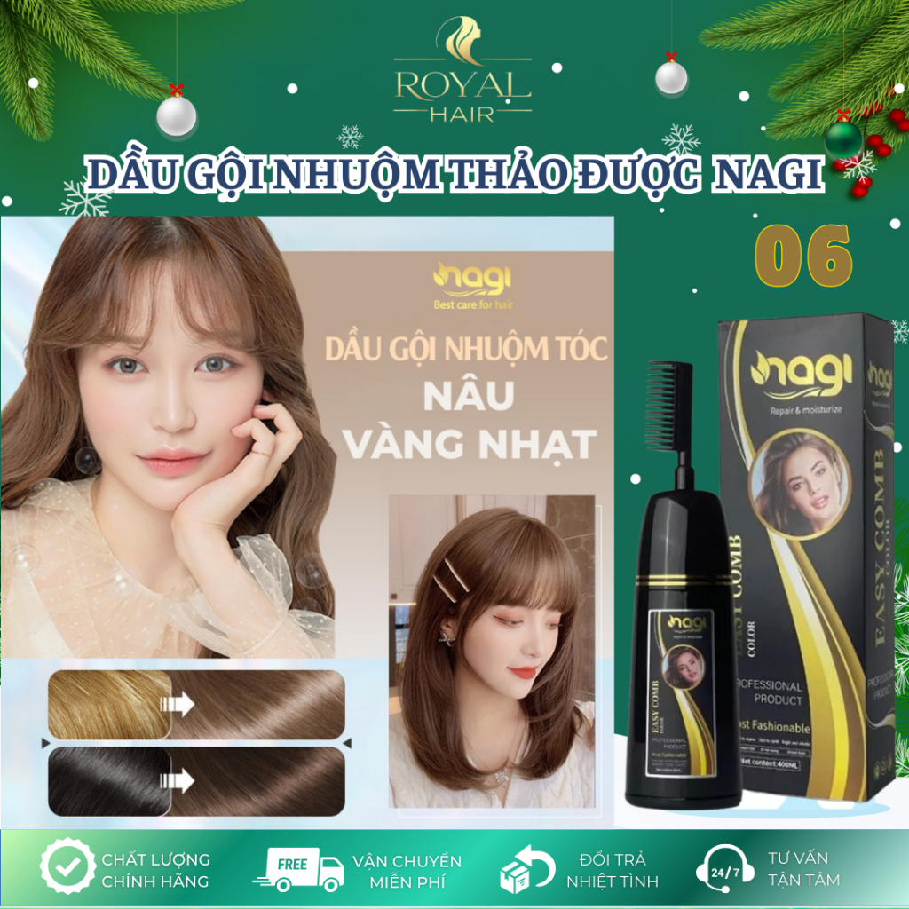 Dầu gội nhuộm tóc màu NÂU VÀNG NHAT Nagi LINEN COLOR 06 chai 400ml dầu gội thảo dược từ thiên nhiên