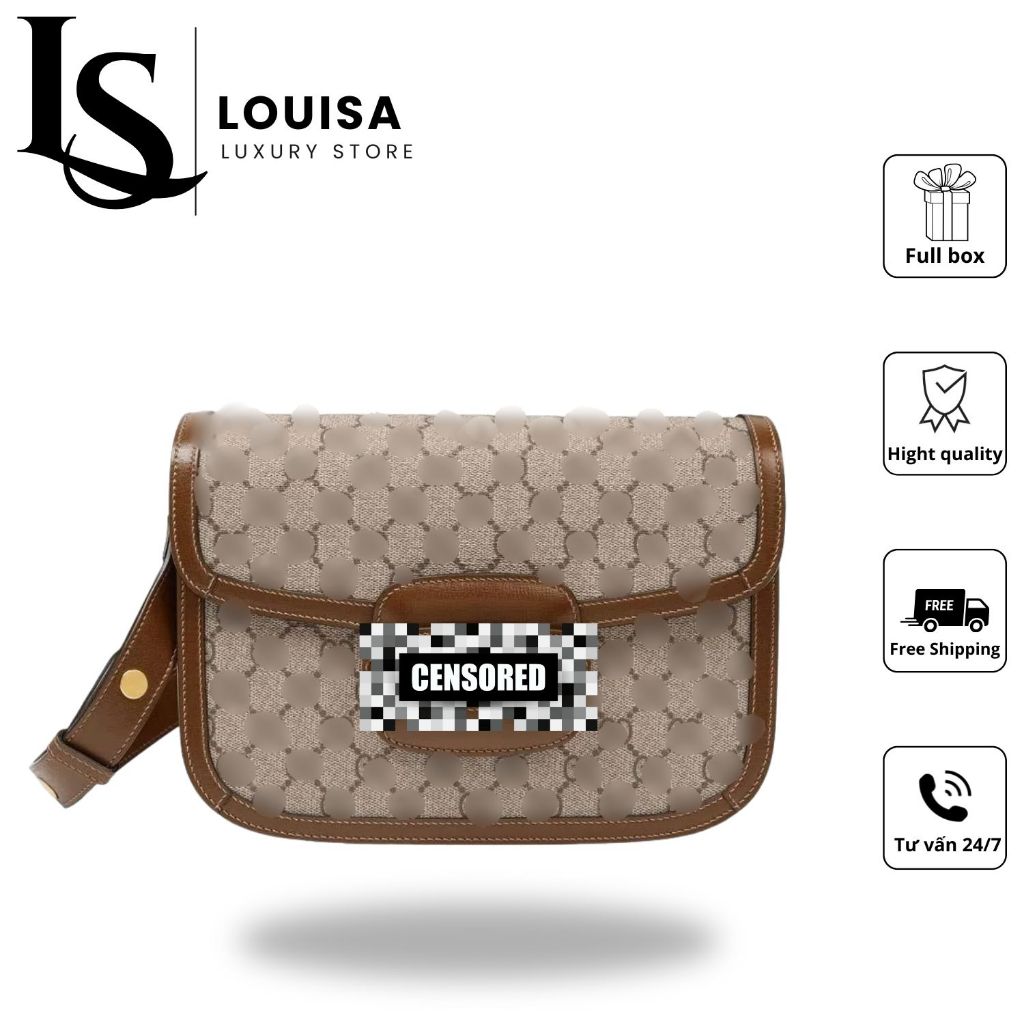 Túi đeo chéo nữ G.G SMALL Louisa Store, dáng hộp nắp gập, họa tiết phối da nâu, khóa vàng cổ điển