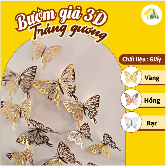 Bướm giả 3D Tráng gương dán tường trang trí nhà cửa, Phụ kiện làm bánh sinh nhật lễ hội [Haza Decor]