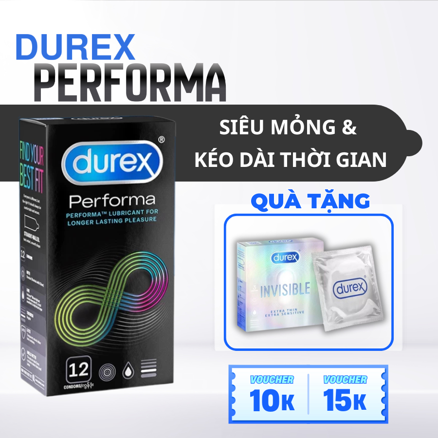 Bao Cao Su Durex Performa Chính Hãng, Nhiều Gel, Kéo Dài Thời Gian, Size 52mm, Hộp 12 Bao