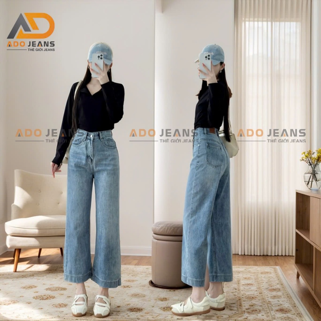Quần jean nữ ống suông rộng nấm lùn 90cm, chất vải jean QC cao cấp (CC01)