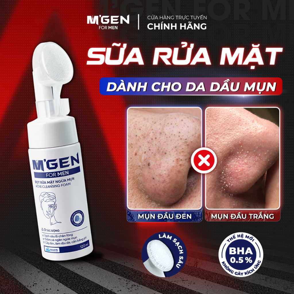 Sữa rửa mặt Da Dầu Mụn MGEN 120ml - Tích hợp đầu mát xa Silicone, làm sạch bả nhờn, hỗ trợ ngừa mụn