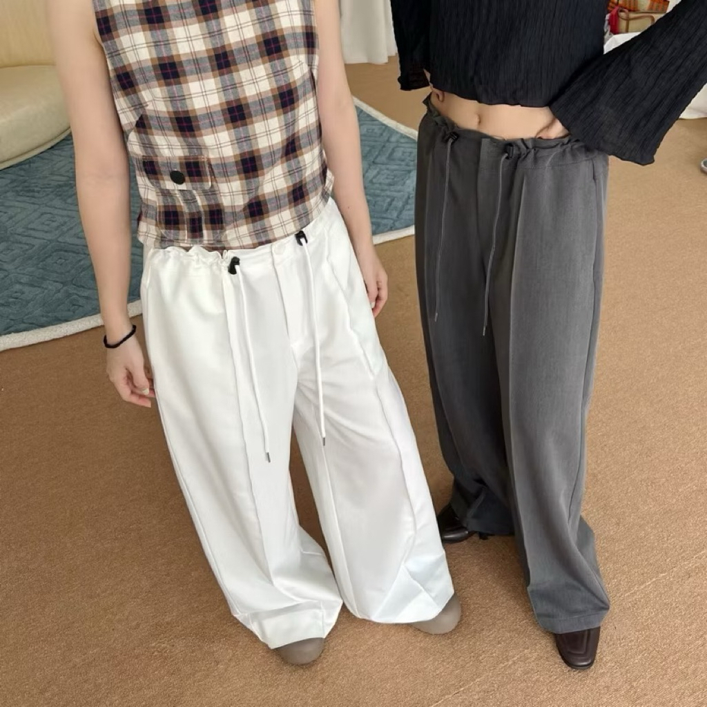 ACHIEVE PEACE - Quần suông ống rộng Wide Pants (có dây rút - trắng/xám)