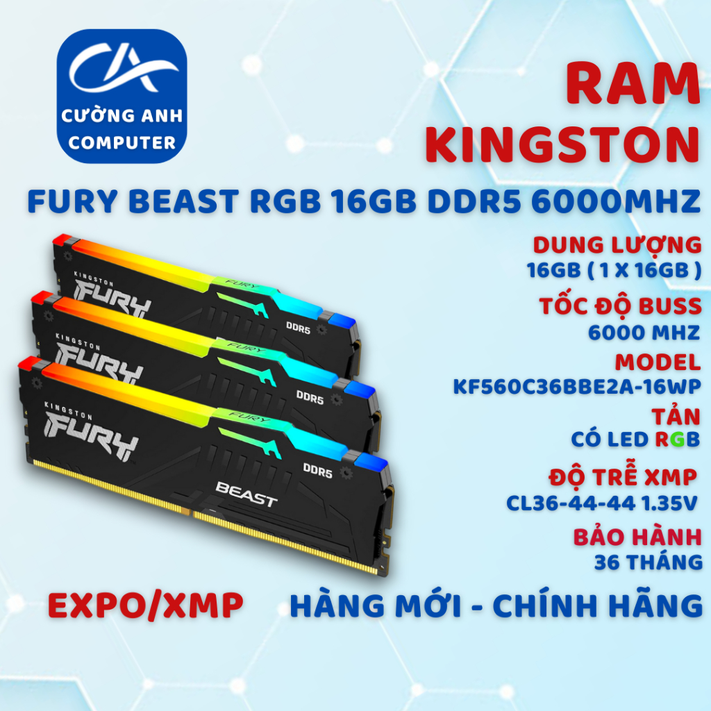 RAM Kingston FURY Beast RGB 16GB (1x16GB) DDR5 6000Mhz ( AMD EXPO+INTEL XMP ). Hàng mới chính hãng