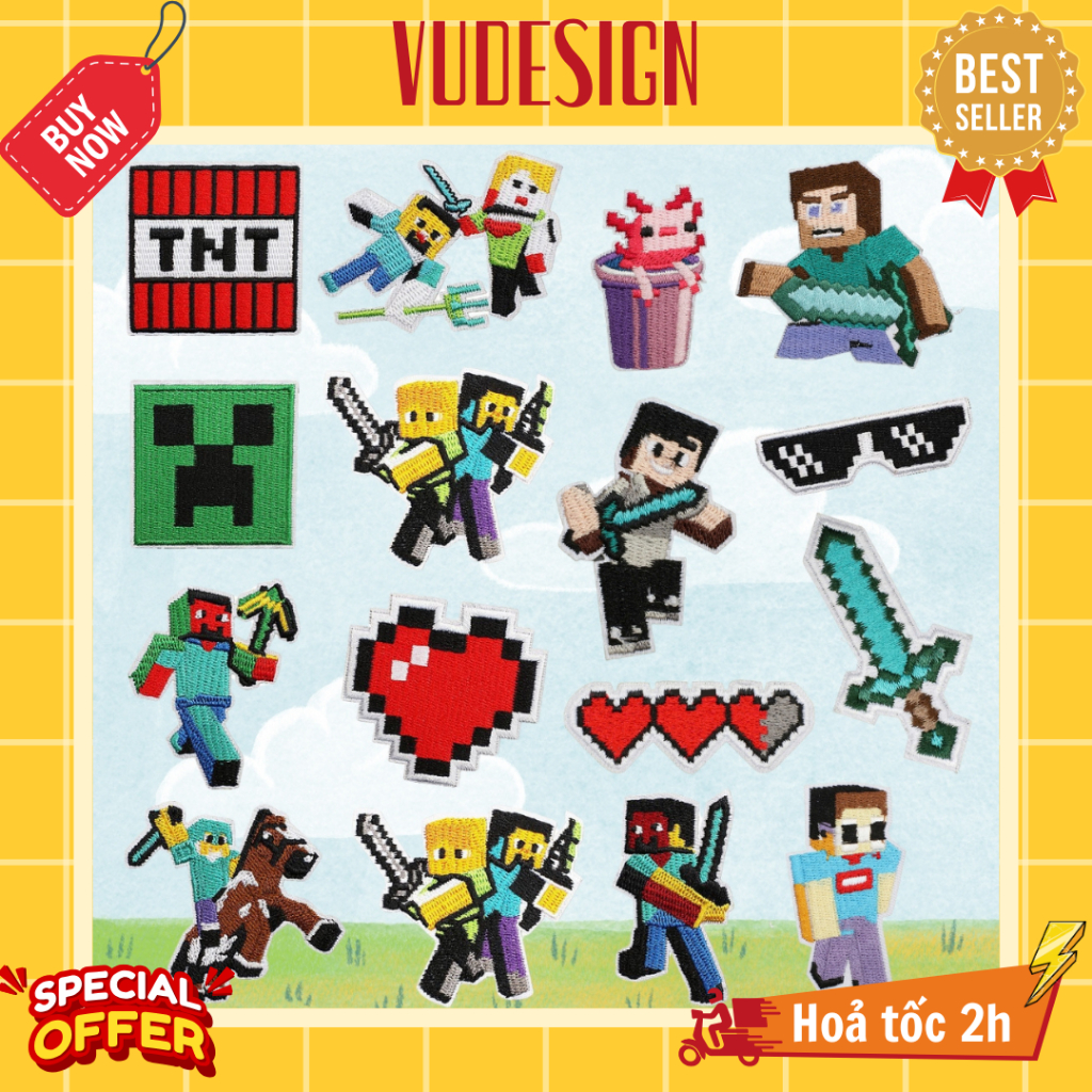 Sticker Vải, Ủi Thêu Quần Áo, Balo, Túi, Mũ Game Pixel Mine craft Hoạt Hình 2D Vudesign