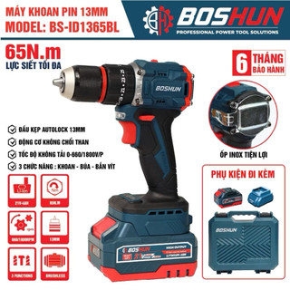 Máy Khoan Pin Boshun BS-ID1365BL- Đầu Kẹp 13mm- Lực Siết 65N - Động Cơ Từ Lõi Đồng- Chân Pin Phổ Thông