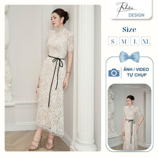  Váy Nữ KHÂU Design Thiết Kế Ren Tay Ngắn Đai Đen K810 Đầm Nữ Đi Làm Đi Tiệc Quý Phái 