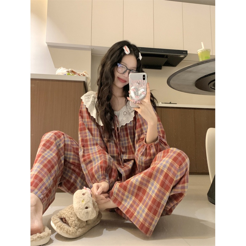 Set pyjama kẻ nâu cotton mềm cổ tròn nơ bèo - L013 cotton nâu
