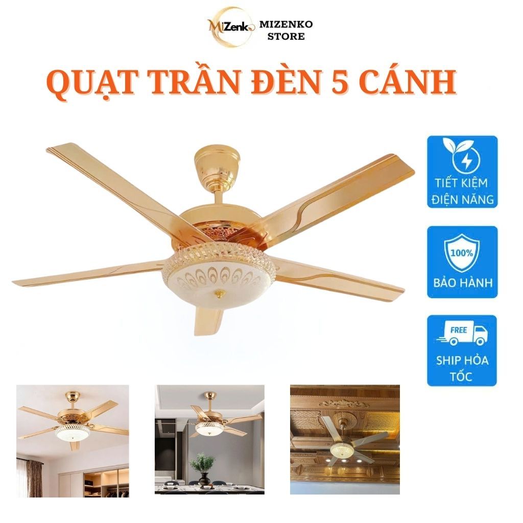 Quạt Trần Pha Lê 5 Cánh QT6003, Sải Cánh 1m32, 55w, 6 Cấp Độ Gió, Đèn 3 Màu, Chế Độ Xoay Đảo Chiều