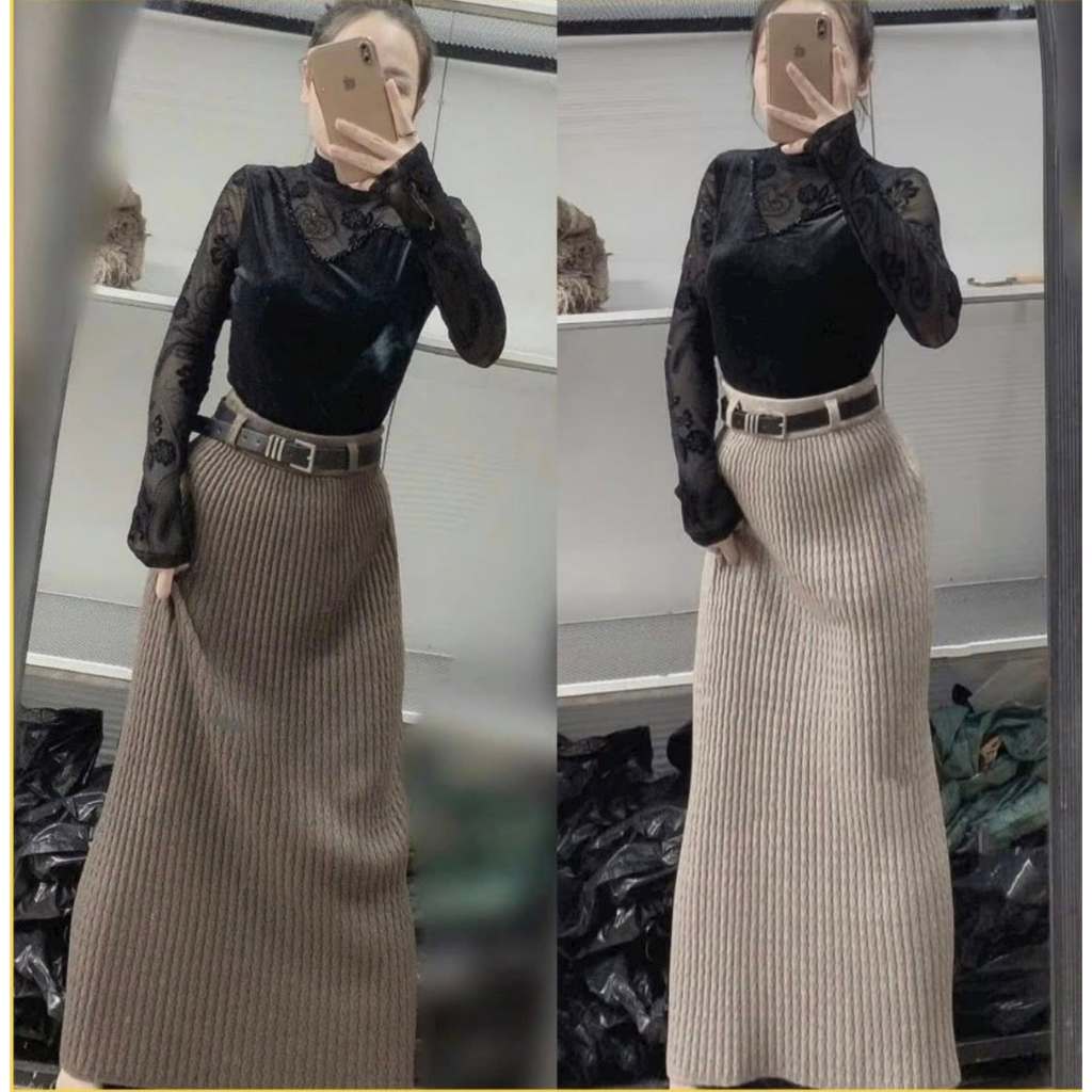 Chân váy len thừng kèm đai dáng rộng dài 85cm
