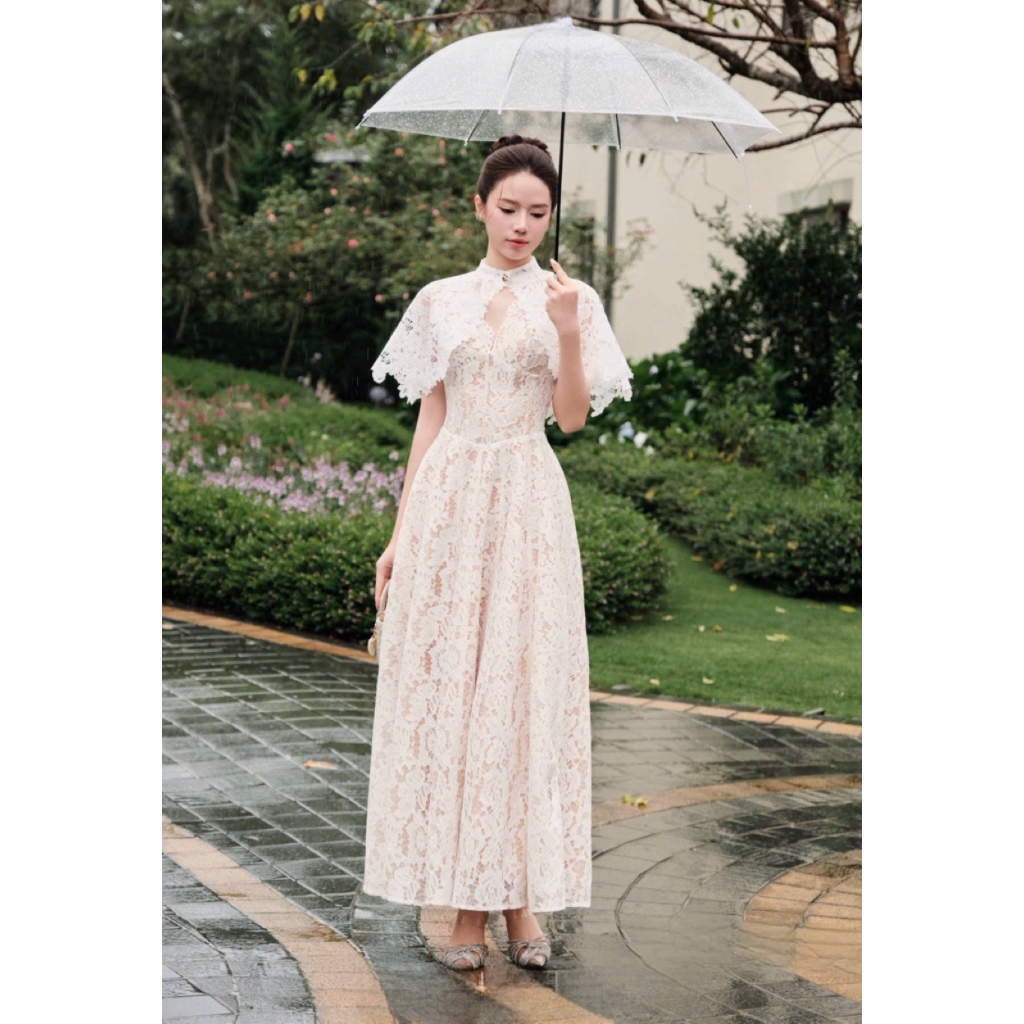 [SẴN SHIP]Sét váy ren 2 dây cổ V kèm áo choàng váy dáng xoè dài tiểu thư sét đi du lịch đi chơi tiểu