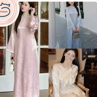  Set áo dài gấm lụa dáng xuông Kim Trúc & Hoa Viên cổ ngọc kèm quần lụa xuông Bigsize Mèo Mỡ 60-95kg 