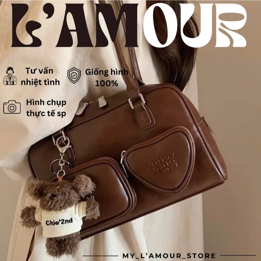 Túi Xách Nữ Da Nâu Chio2nd Kèm Charm Gấu Dễ Thương Phong Cách Vintage Retro Hàn Quốc - Habie Bag