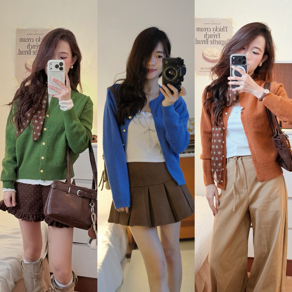(Sẵn) Áo cardigan len xù form nhỏ cúc tròn vàng mác Egg