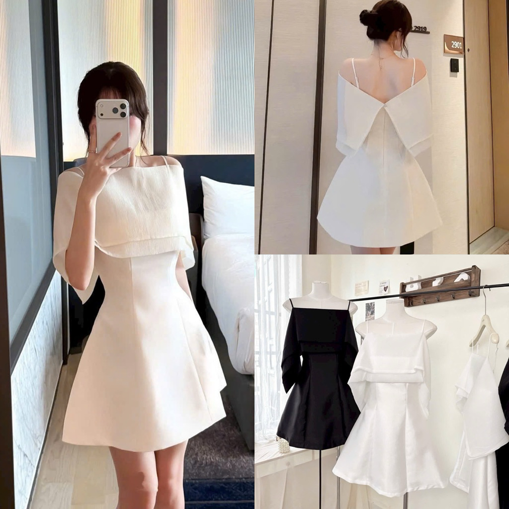 ( Sam’s Clothing ) Đầm nử 2 dây phối choàng vai dáng ngắn xoè sang trọng