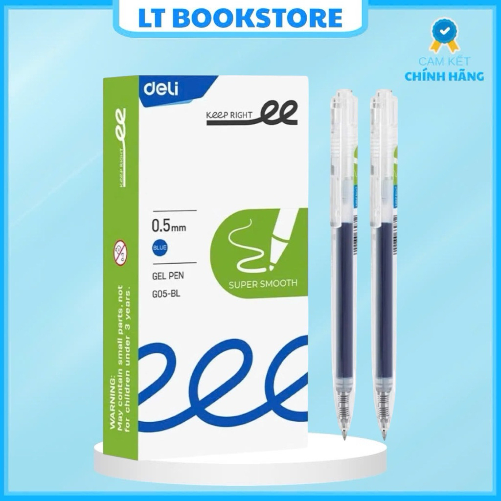 Hộp 12 Bút Gel Deli G05 0.5mm, Mực Xanh, Viết Êm, Mực Ra Đều – LT BookStore