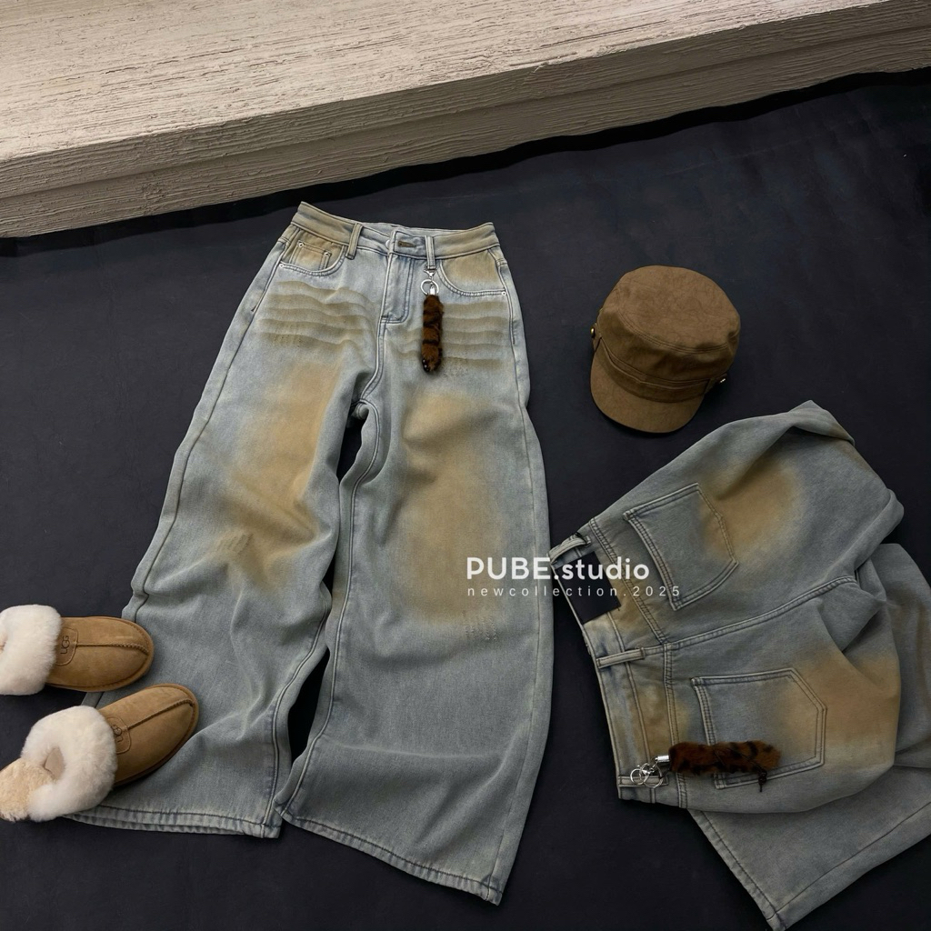 Quần Jeans wash nâu lót lông kèm cài