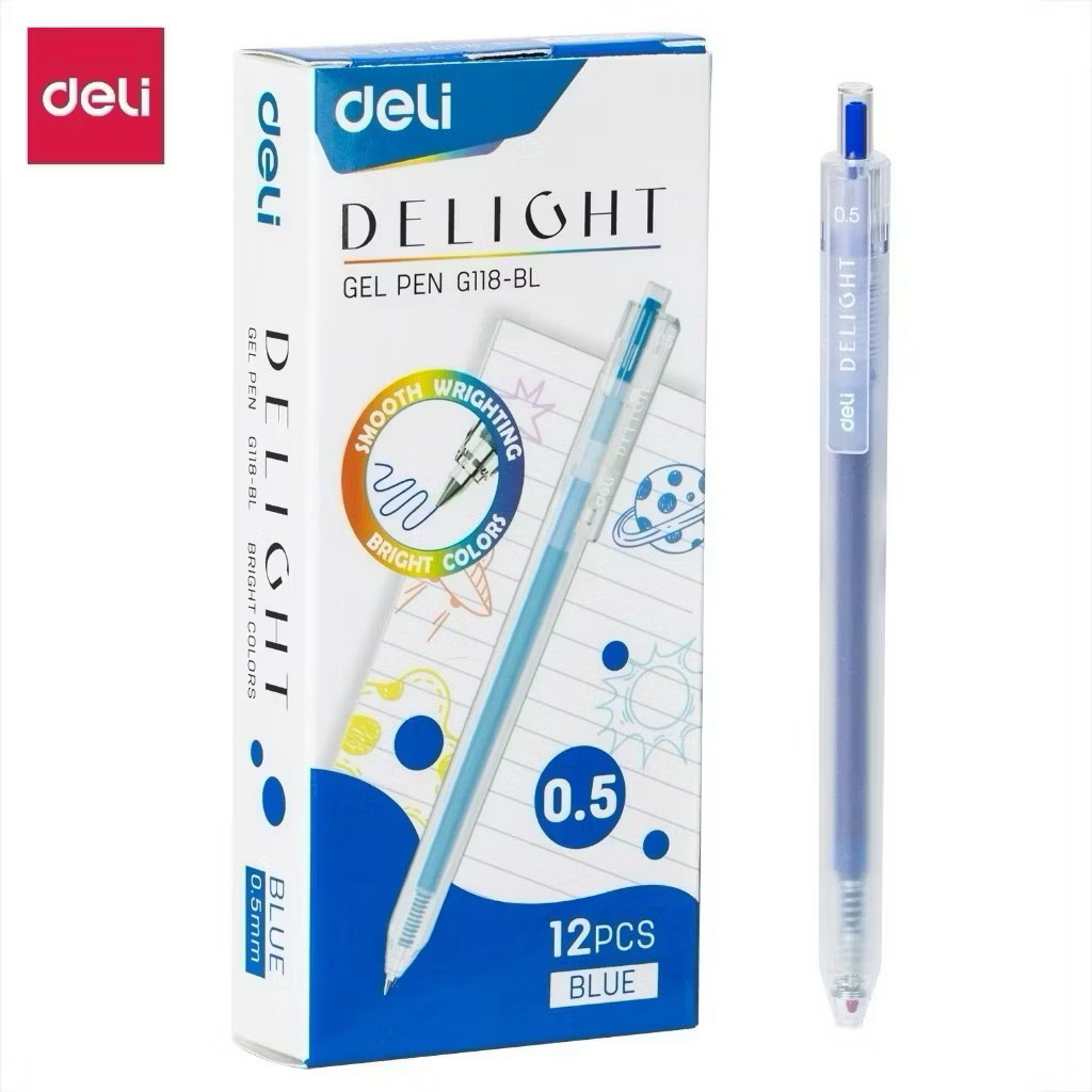 Combo 5 Bút Gel Deli Delight 0.5mm CHÍNH HÃNG – Mực Xanh – Bút Bi Gel Bấm Trơn
