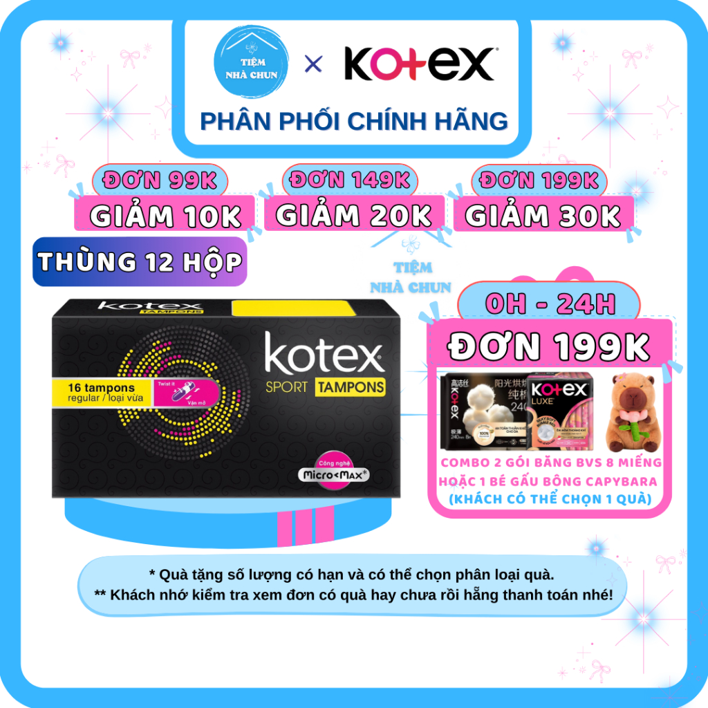 CHE TÊN - Thùng 12 Hộp BVS KOTEX TAMPON 16 Miếng Băng Vệ Sinh Kotex Sport Tampon Regular - NHI.TNL