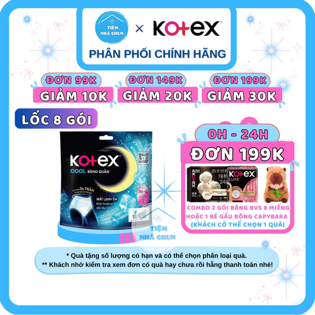 CHE TÊN - Bộ 8 Gói Băng Quần Kotex Cool - Gói 2 Miếng BVS Kotex Ban Đêm Dạng Quần Size M-L - NHI.TNL