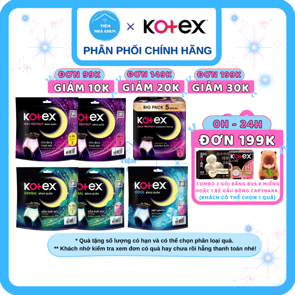 CHE TÊN - Băng Quần Kotex - Gói 2 Miếng / Gói 5 Miếng BVS Kotex Ban Đêm Dạng Quần Size M-L / L-XL