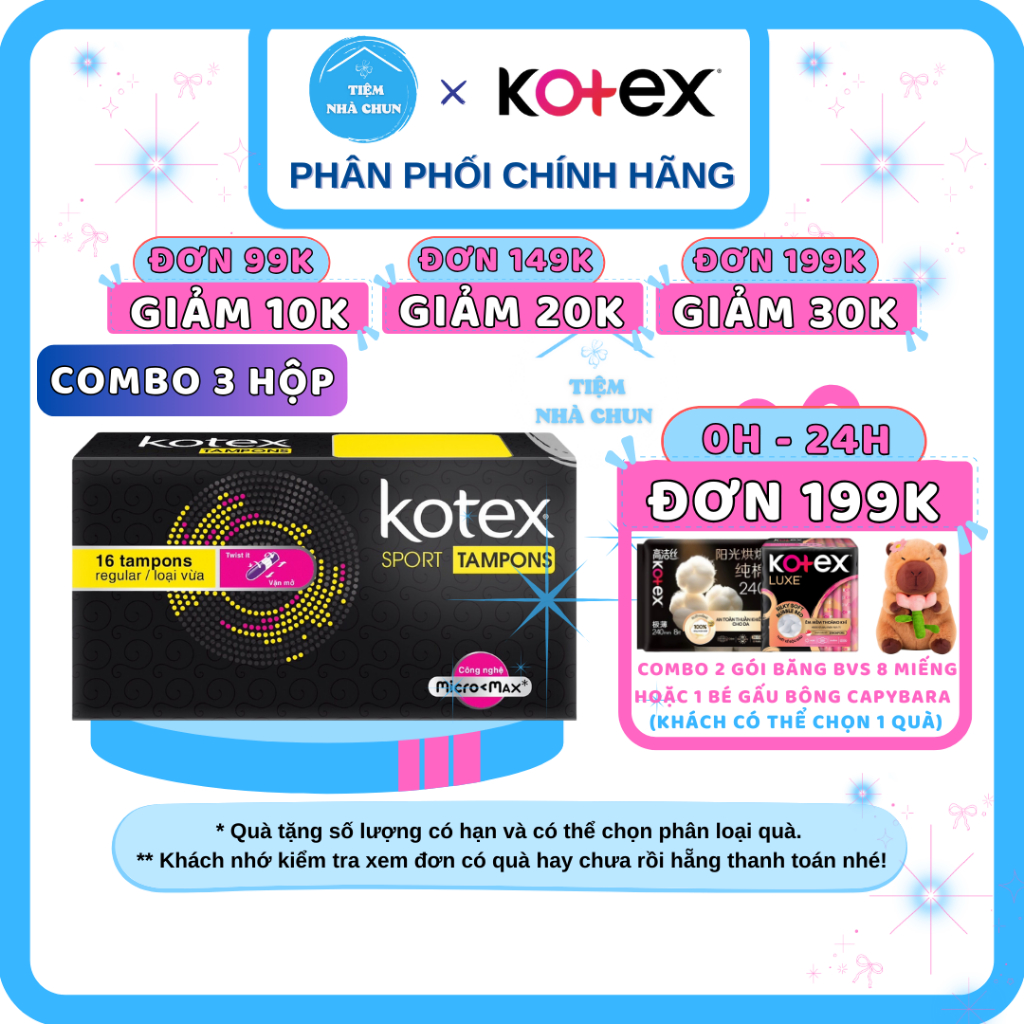 CHE TÊN - Combo 3 Hộp - BVS KOTEX TAMPON 16 Miếng Băng Vệ Sinh Kotex Sport Tampon Regular - NHI.TNL