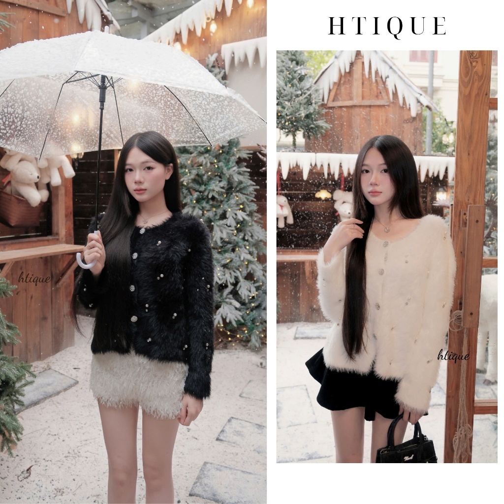 HTIQUE - Mở bán Ao khoác lông đính đá hai màu, Áo cardigan lông mềm mịn tiểu thư nữ tính LA34