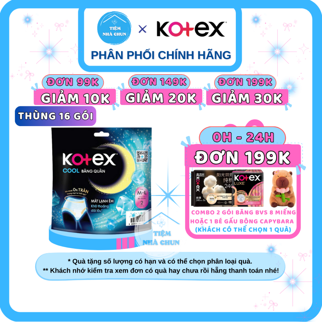 CHE TÊN - SỈ Thùng 16 Gói Băng Quần Kotex Cool - Gói 2 Miếng BVS Kotex Ban Đêm Dạng Quần Size M-L
