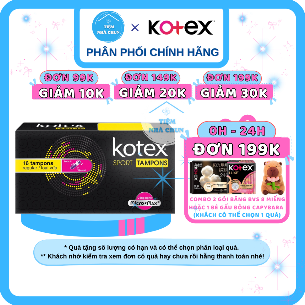 CHE TÊN - BVS KOTEX TAMPON - Hộp 16 Miếng Băng Vệ Sinh Kotex Sport Tampon Regular - NHI.TNL