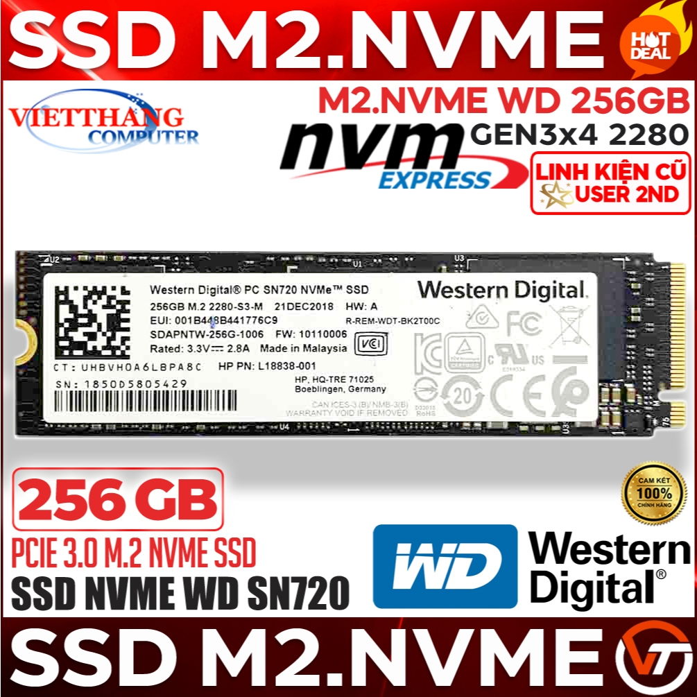 Ổ cứng SSD WD M2.Nvme SN720 256GB Gen3x4 2280 Có DRAM Zin chuẩn xịn Cũ qua sử dụng đẹp ( Cũ - 2nd )