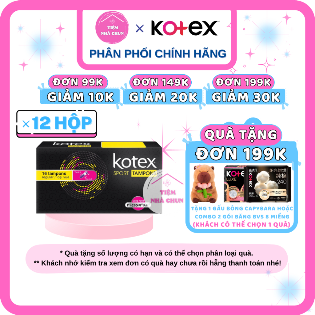 CHE TÊN - Thùng 12 Hộp 16 Ống Băng Vệ Sinh Kotex Sport Tampon Regular Loại Vừa Tampon Kotex