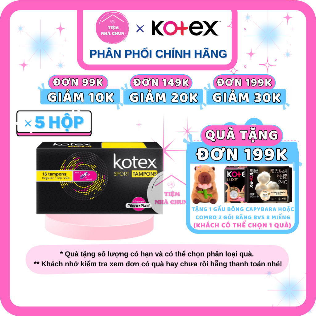 CHE TÊN - Bộ 5 Hộp 16 Ống Băng Vệ Sinh Kotex Sport Tampon Regular Loại Vừa Tampon Kotex -TIEMNHACHUN