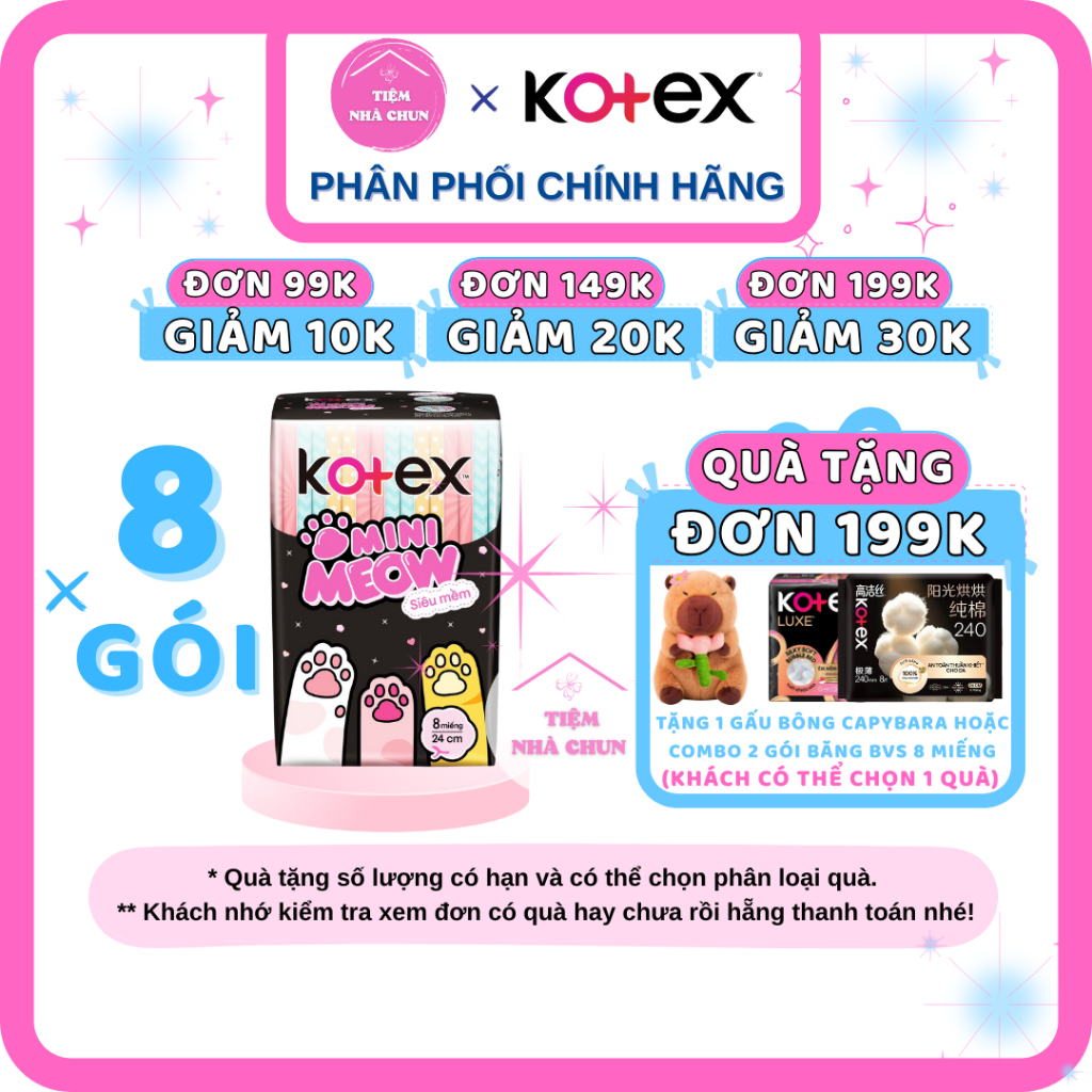 CHE TÊN - Lốc 8 Gói Băng Vệ Sinh Kotex Mini Meow 24cm - BVS Minimeow Mặt Bông Siêu Thấm -TIEMNAHCHUN