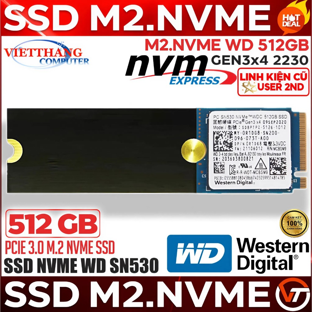 Ổ cứng SSD M2 Nvme Western Digital SN530 512GB Gen3x4 2230 SSD Nvme cũ đã qua sử dụng ( Cũ - 2nd )