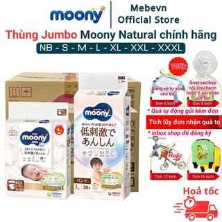  Thùng Jumbo bỉm moony trắng bỉm moony natural chính hãng Dán Quần đủ size NB62 S58 M46 L36 XL32 