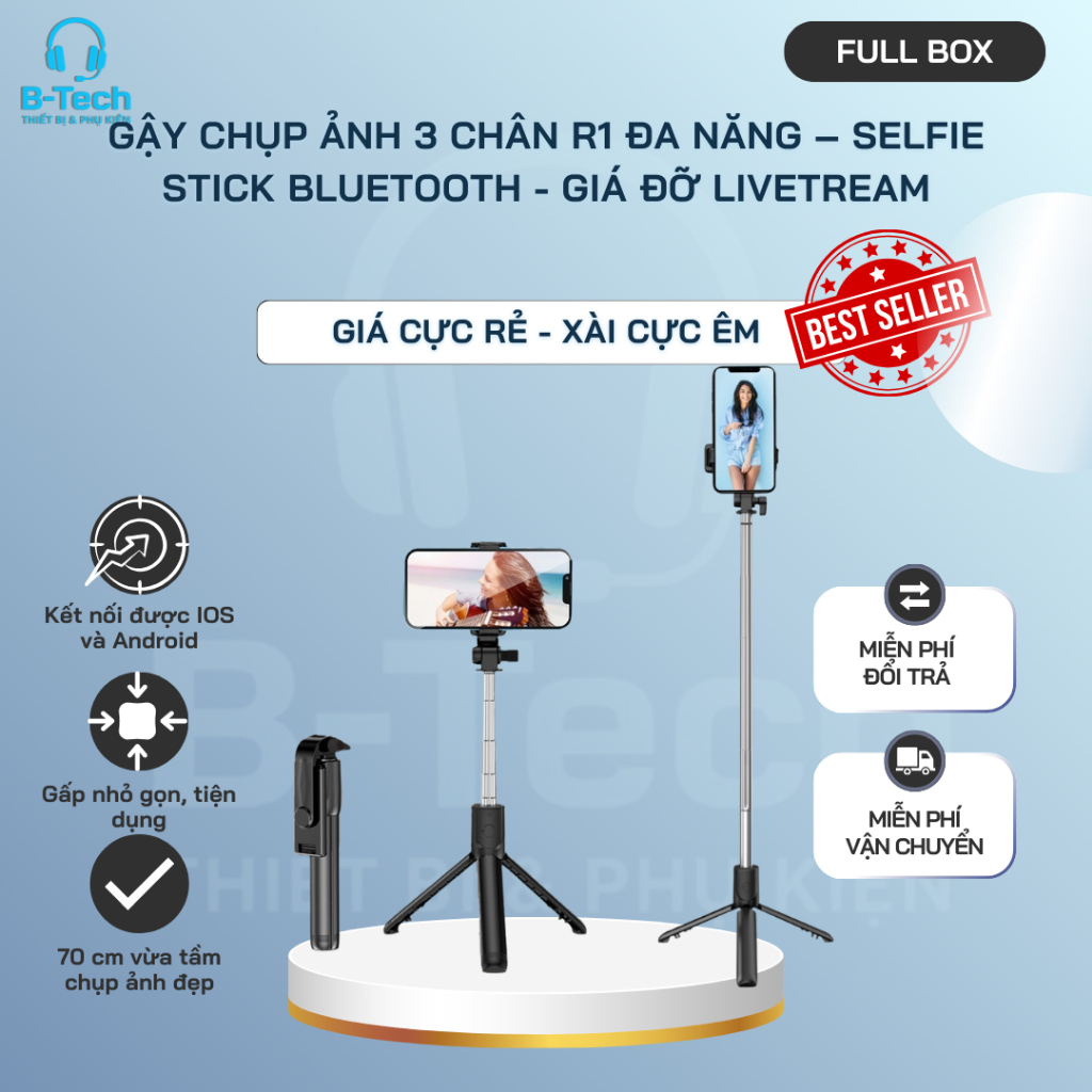 Gậy Chụp Ảnh 3 Chân R1 Bluetooth - Full Box Giá Sốc - Gậy Chụp Ảnh Quốc Dân- BTech Phụ Kiện