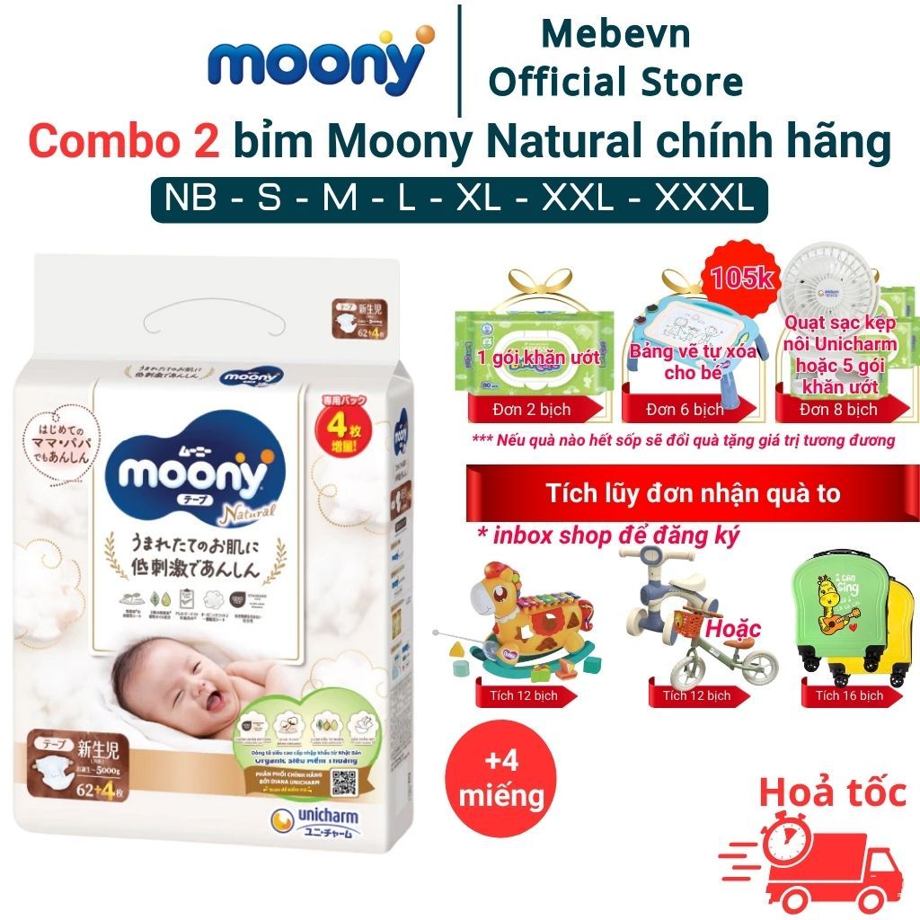  Combo 2 bỉm moony trắng bỉm moony natural chính hãng Dán Quần đủ size NB62 S58 M46 L36 XL32 