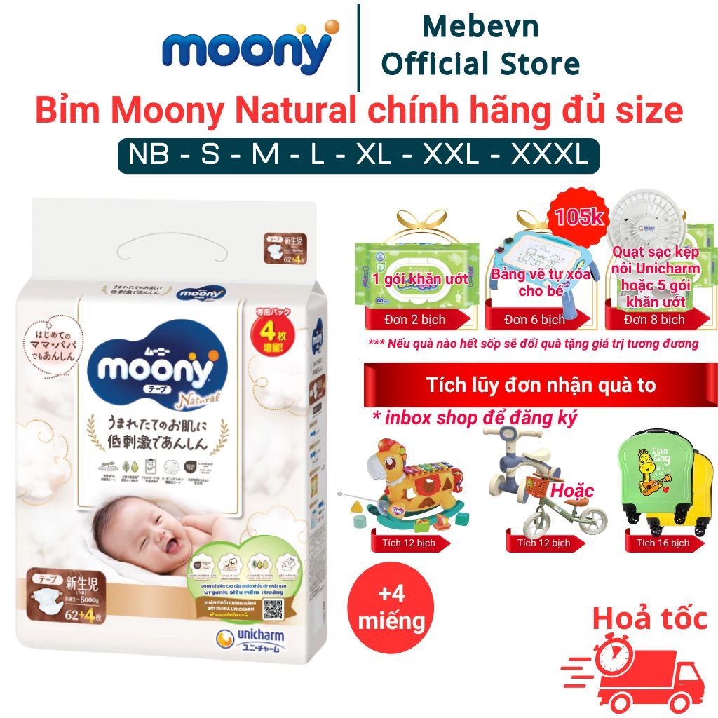  Bỉm moony trắng bỉm moony natural chính hãng Dán Quần đủ size NB62 S58 M46 L36 XL32 
